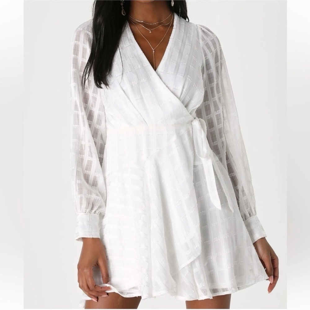 LULUS White Long Sleeve Wrap Mini Dress Small V-Neck Sundress NWT